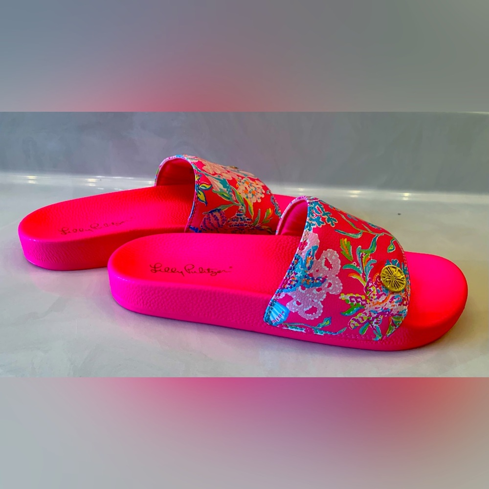 Lilly Pulitzer Cabana Slide Pink Isle Sandal “Shell Me Something Good” Size 9M